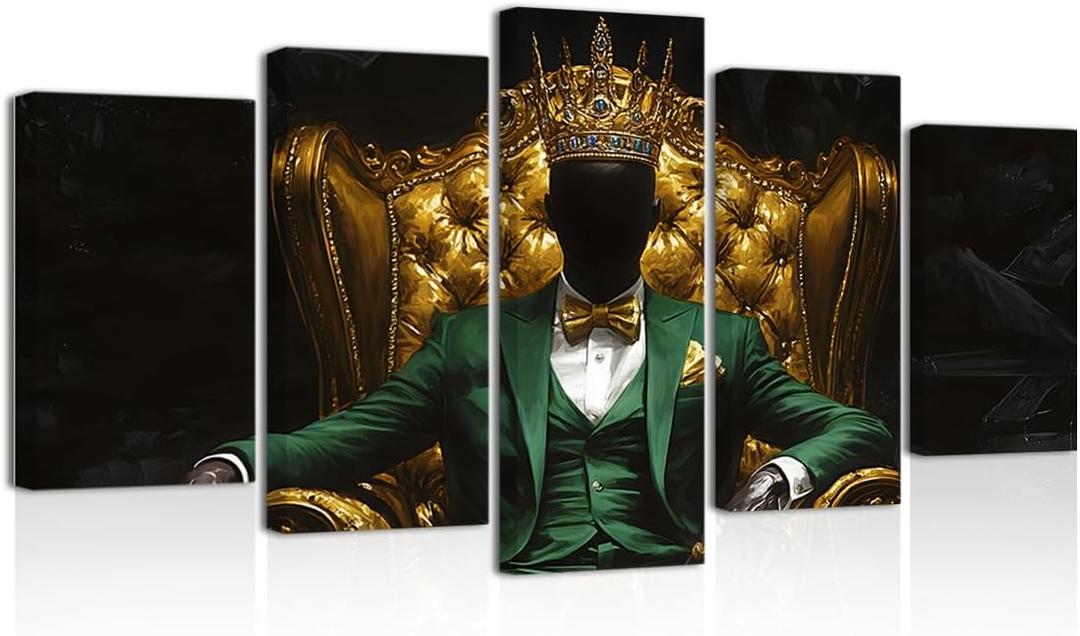 BJYCHG 5 Pieces Black Man Wall Art African American Pictures Gold Crown Paintings Black King Canvas Prints Afro Art for Men Bedroom Framed (Green, 8x14inx2 8x18inx2 8x22inx1)