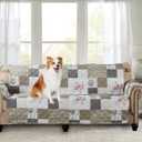 Brilliant Sunshine Rose and Toile Patchwork Couch Cover, Quilted Large Sofa Slipcover, 70" Seat Width, Slip Resistant Furniture Protector, 2" Strap, Washable Couch Cover for Pets, Kids, Dogs,Rose Grey