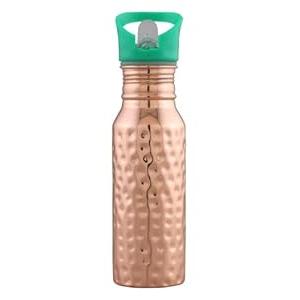 VedaVessel 100% Pure Copper Water Bottle 12 oz with Sipper Lid & Straw - Hammered Ayurvedic Small Copper Water Bottle - BPA Free Lid with Spout (Hammered, Forest Green)