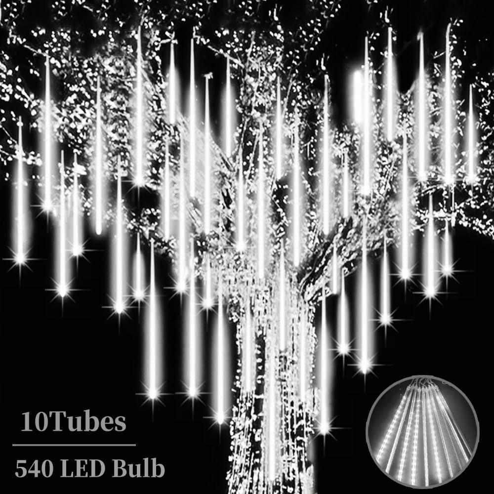 Roytong Meteor Shower Lights - 20 Inch 10 Tube 540 LED High Brightness Falling Rain Icicle Cascading Lights for Xmas Tree Roof Eaves Patio Decor (Can Connect 100 Sets) (Cool White)