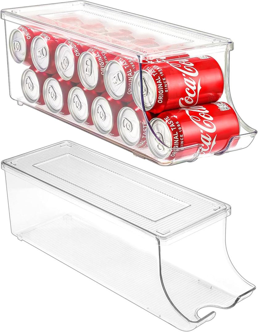 Puricon 2 Pack Soda Can Organizer Dispenser for Refrigerator, Plastic Canned Food Pop Beverage Container Holder Storage Bin with Lid for Freezer Rack Pantry Cabinet Cupboard Kitchen -Standard