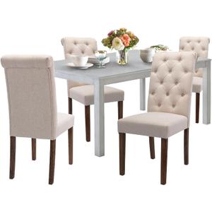 COLAMY 5-Piece Dining Table Set for 4, 60" Kitchen Wood Table with 4 Tufted Dining Room Chairs, White/Beige
