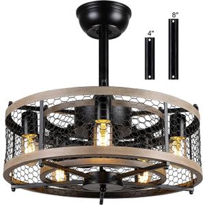 20" Caged Ceiling Fan with Lights Remote Control, Small Farmhouse Black Rustic Bladeless Ceiling Fan for Bedroom Kitchen