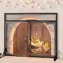 Calidola Large Flat Fireplace Screen with Doors, Wrought Iron Frame with Metal Mesh, Flat Panel Decorative Fireplace Screen with Scroll Design, Free Standing Spark Guard, Black