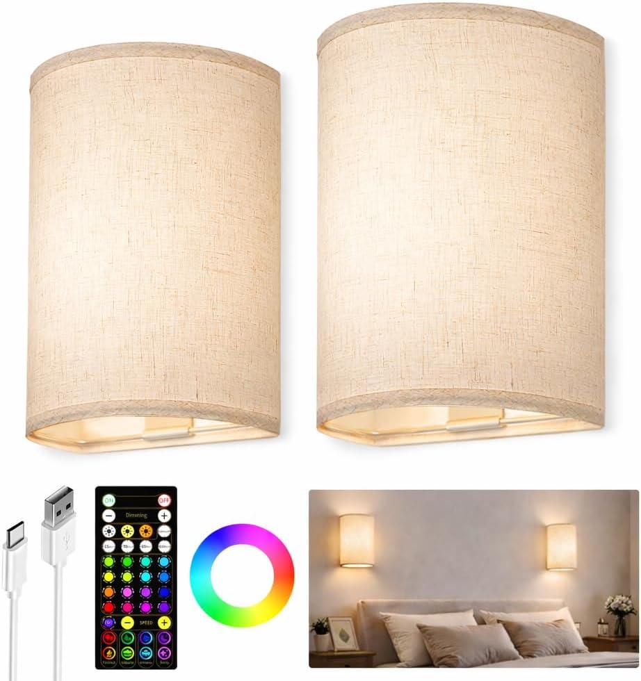 EZVALO Battery Operated Wall Sconce, Rechargeable Wall Sconces Set of Two with Remote, 3 Color & 80 RGB Wireless Wall Lights, Dimmable, Timer, Fabric Linen Shade Wall Decor for Bedroom, Living Room