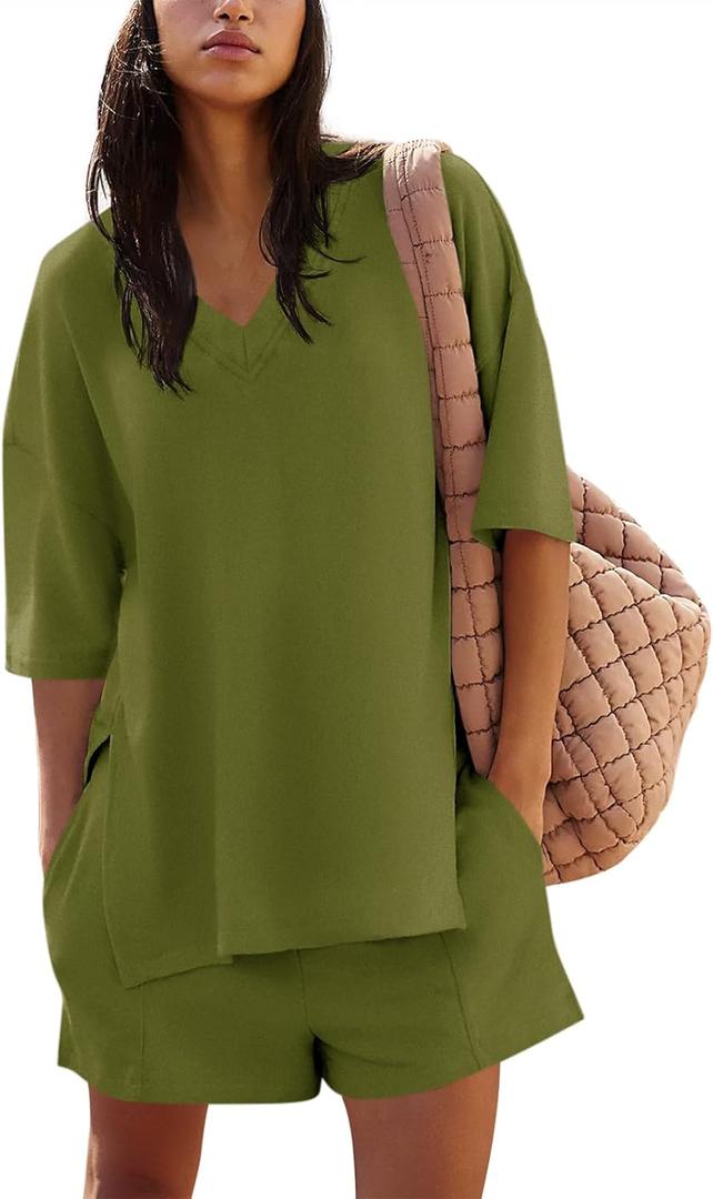 Yousify Womens 2 Piece Sets Summer Outfits 2025 Lounge Set 3/4 Sleeve Oversized Tops And Elastic Waist Shorts With Pockets (Small, Army Green)