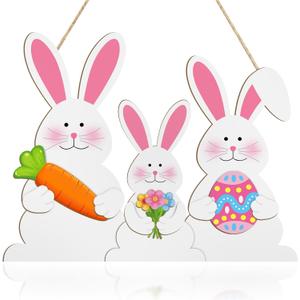 Wooden Easter Decoration Rabbit Door Wreath for Front Door Sign Wall Signs Spring Decoration, Bunny Sign Welcome Hanging for Home Wall Decor Party Outdoor indoor Supply Happy Easter (Large)