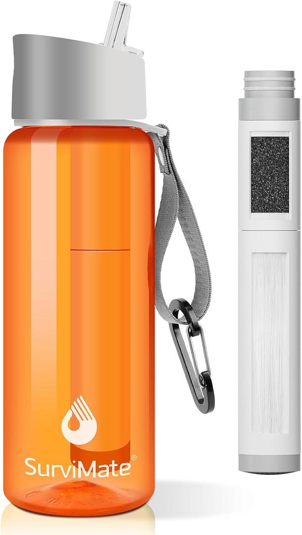 SurviMate 5-Stage 0.01m Ultra-Filtration Filtered Water Bottle, BPA-Free Material, NSF/ANSI 42&372 Certified, Portable Water Filter Bottle for Survival, Camping, Hiking, and Emergency Use (22 Ounces, Orange)