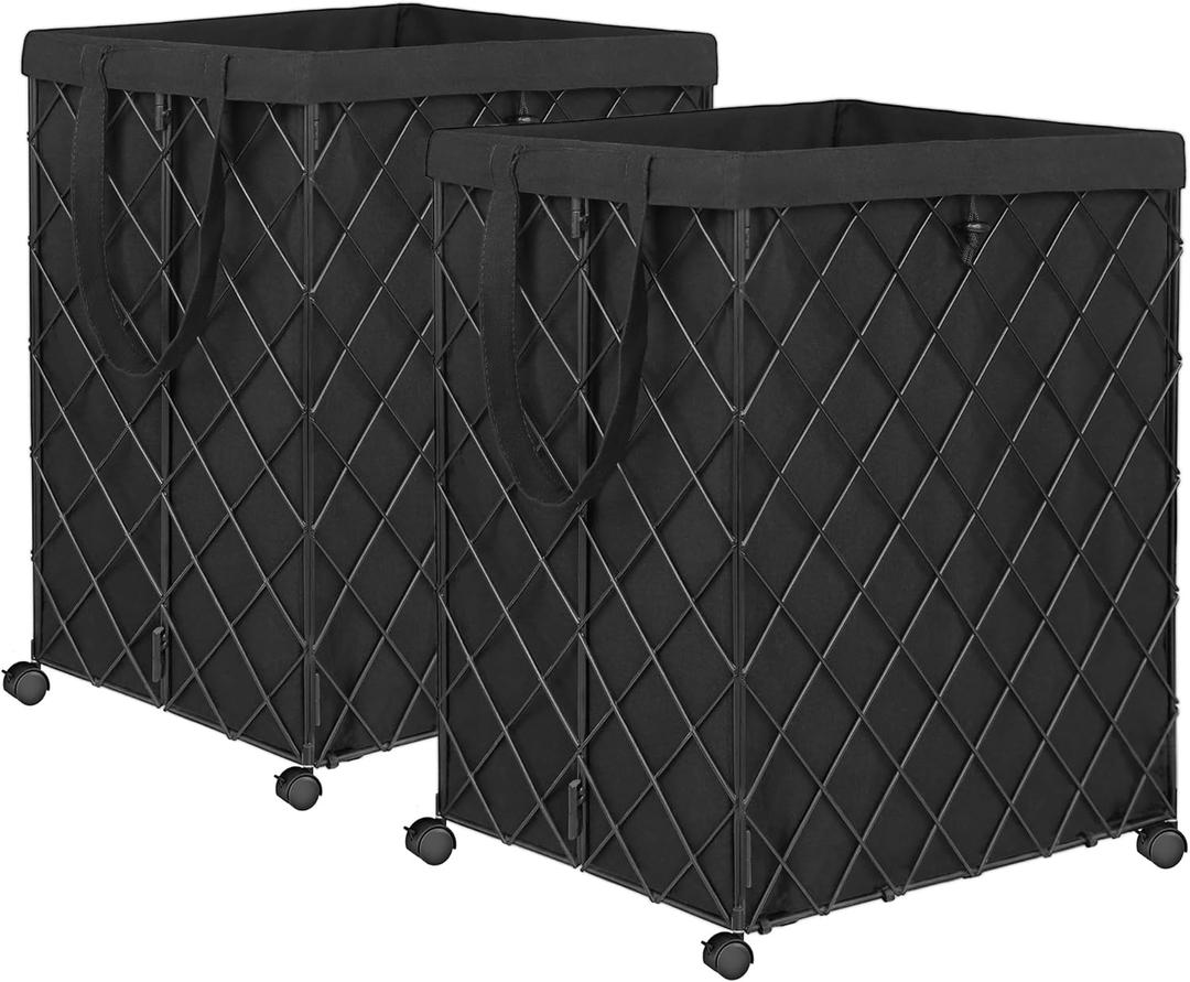 2 Pack Laundry Hamper on Wheels-92L Basket Large Laundry Collapsible With Removable Liner,Rolling Metal Wire Basket-Sturdy Laundry Bag for Dirty Clothes Organization Closet Bathroom Living Room (Black)