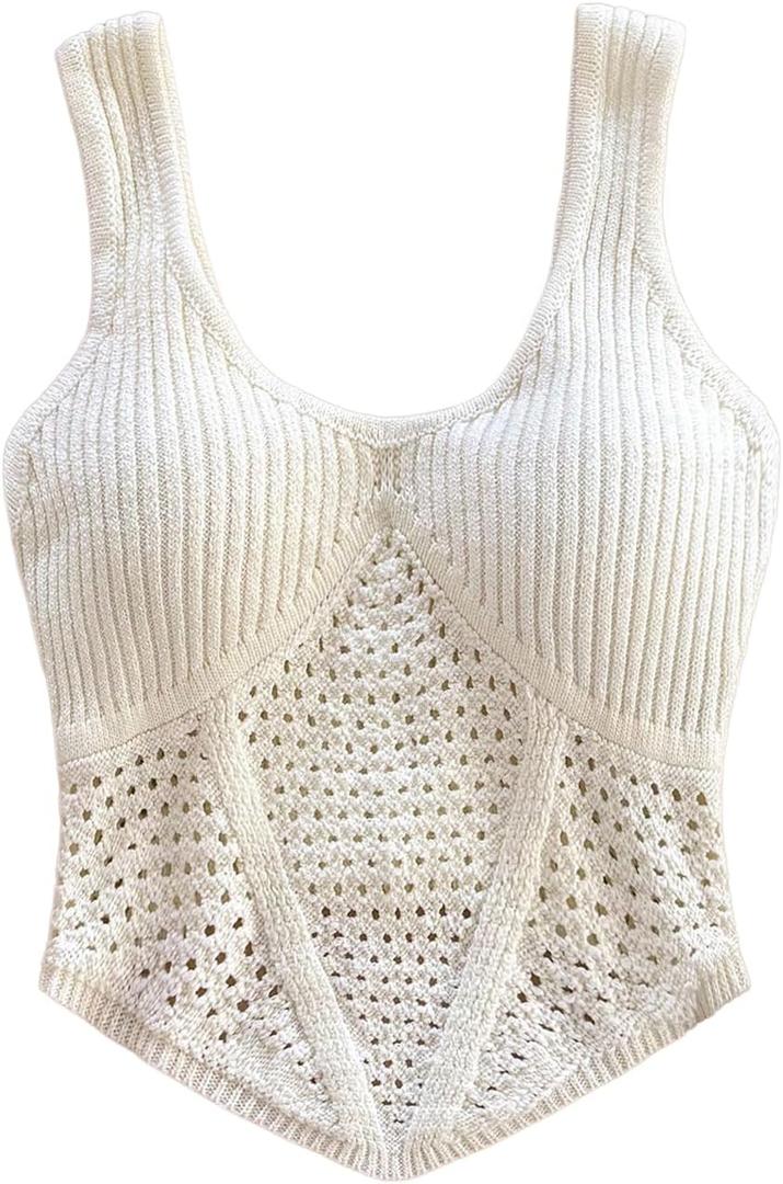 SOLY HUX Women's Hollow Out Knitted Crop Tank Top Summer Sleeveless Scoop Neck Sweater Vest Vacation Outfits, Small