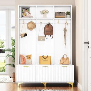 49.6" Hall Tree with Bench and Shoe Storage,Modern Entryway Cabinet with High Gloss Fluted Doors & Open Shelves,5-in-1 Coat Rack w/ 6 Gold Hooks and Legs for Hallway,White
