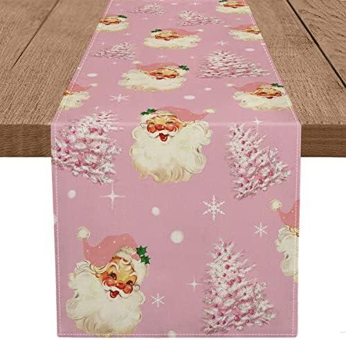 Christmas Table Runner Santa Claus Merry Christmas Tree Snowflake Pink Long Runners for Winter Xmas Home Kitchen Dining Party Decor 13 x 72 Inch