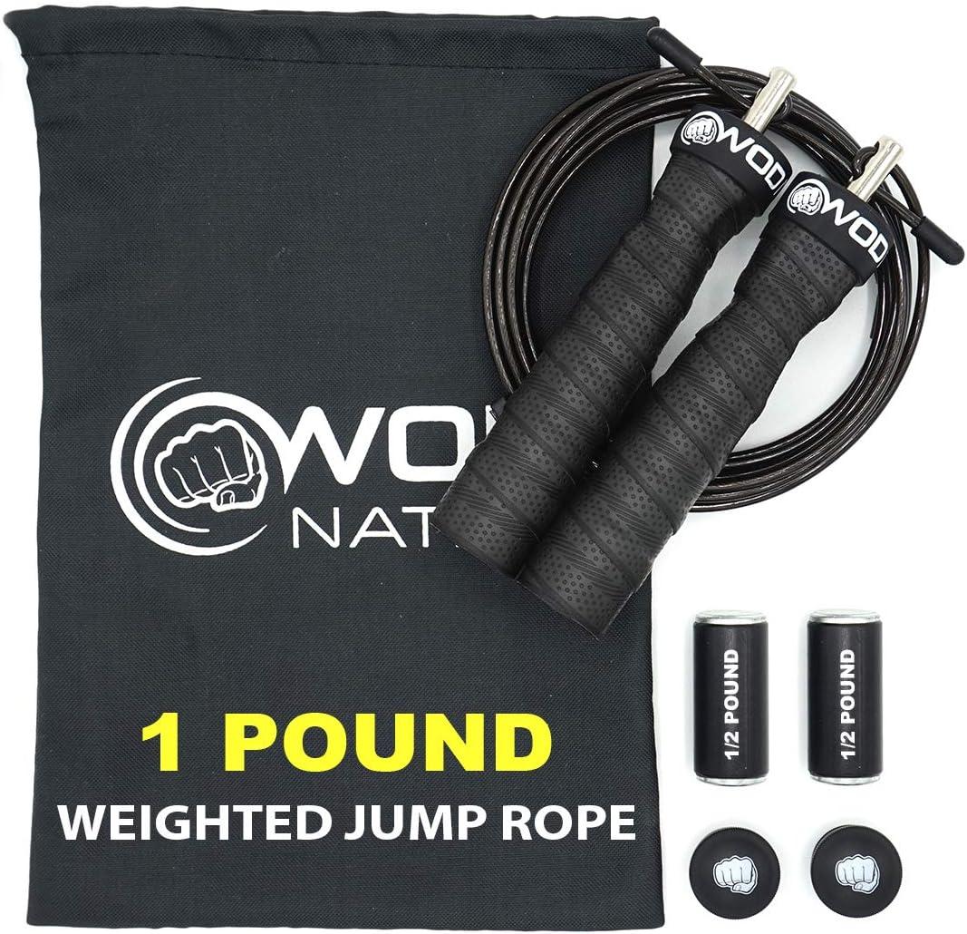 WOD Nation Weighted Jump Rope for Women & Men - 1 Pound (1LB) Adjustable Heavy Speed Jump Rope Handles with Removable Weights 4Crossfit, Cross Training, Boxing. (Black)