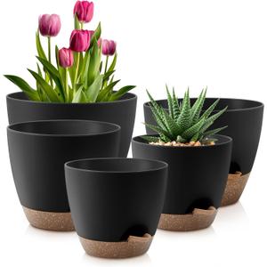 Plant Pots 10/9/8/7.5/7 Inch Self Watering Pots, Set of 5 Plastic Planters with Drainage Holes and Saucers, Plastic Flower Pots, Nursery Planting Pot for Indoor Out Door Plants (Black Brown)