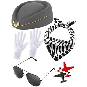 Bencailor 7 Pcs Women Flight Attendant Costume Accessories Stewardess Outfits Bellhop Hat Scarf Sunglasses Gloves(Gray)