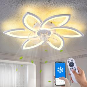 Modern Semi Flush Mount Ceiling Fan with Lights - 30" White, 3 Light Color, 6 Speeds, Flower Design, Low Profile for Kitchen, Bedroom