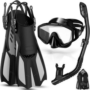 Odoland Snorkel Set, Adults Snorkeling Packages with Dry Top Diving Mask, Adjustable Swim Fins, Mesh Bag, Anti-Fog Anti-Leak Snorkeling Gear for Men Women (L/XL (US Men 9-13/ Women 10-14), Black)