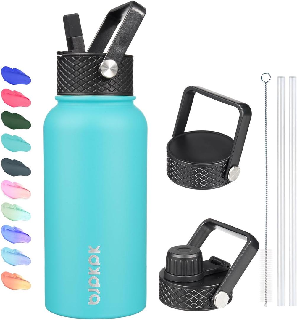 BJPKPK Insulated Water Bottles with Straw Lid, 27oz Stainless Steel Water Bottle with 3 Lids, Leak Proof BPA Free Metal Thermos, Mugs, Tumblers, Keep Cold Hot - Turquoise