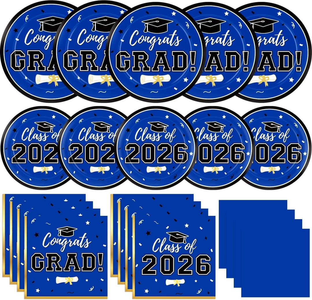 Labrostar Graduation Decorations 2026 Class of 2026 Congrats Grad Disposable Paper Plates Luncheon Napkins Cocktail Napkins Blue Graduation Party Supplies Serve 50, Blue02