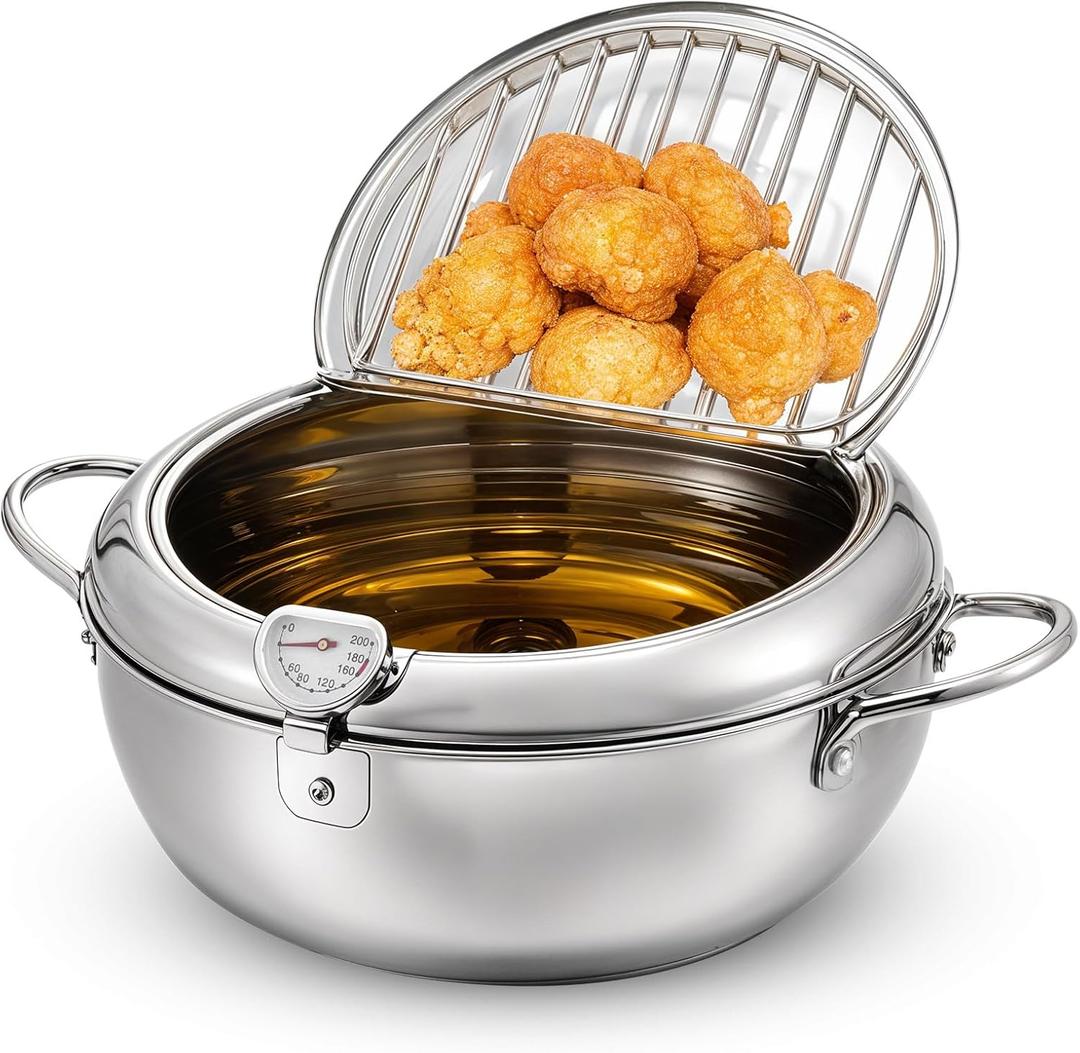 Deep Fryer Pot 304 Stainless Steel Japanese Frying Pot 3.4L/9.4 Inch Tempura Frying Pot with Lid, with Temperature Control Oil Drip Drainer Rack for Fried Chicken, Shrimp, French Chips dip