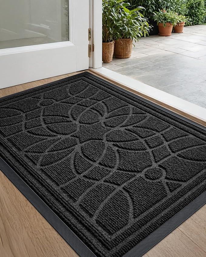 DEXI Front Door Mat Outside Entrance, Heavy Duty Non Slip Low Profile Doormat for Entryway, Trap Dirt and Moisture Welcome Mats, Easy Clean, Patio, Garage, 3x2, Black