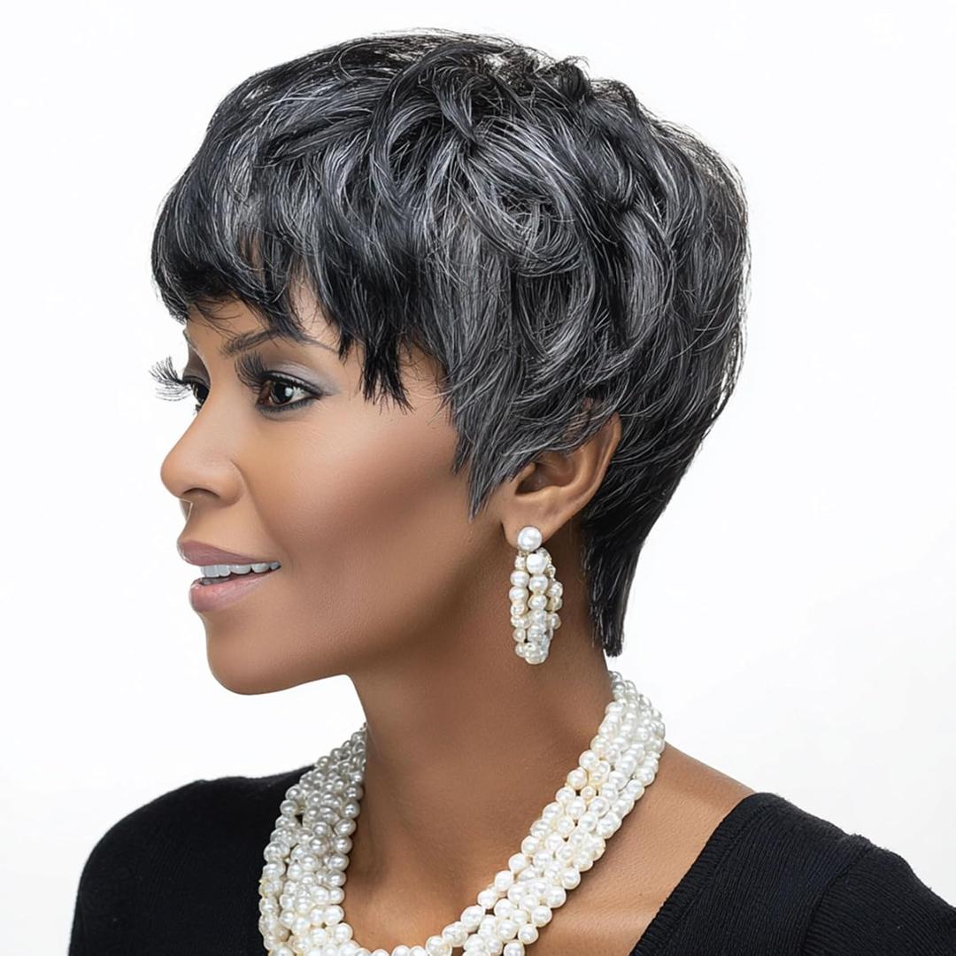 MOONSHOW Short Pixie Wigs for Black Women Pixie Cut Wigs for Black Women Short Layered Wig with Bangs for Women Synthetic Glueless Short Wig (Mixed Grey)