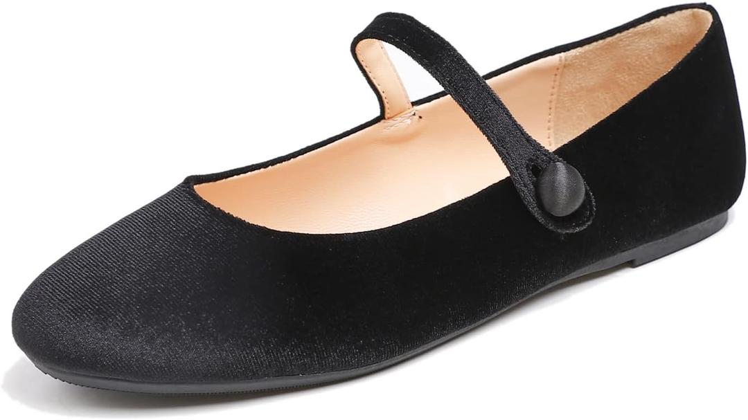 FEVERSOLE Women's Mary Jane Fashion Round Toe Easy Buckle Slip On Flats (7.5, Maryjane Black Velvet)
