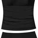 Girls Swimsuit Solid Color Tankini Contrast Trim Swimwear 2 Piece Bathing Suit Padded Swimsuits for Teens (15-16 Years, Black)