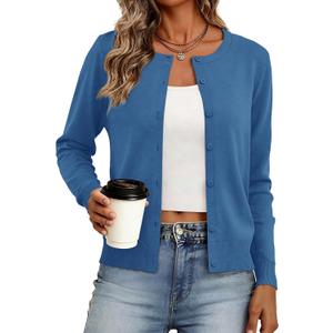 Women's Cardigan Sweaters Lightweight Crew Neck Button Down Long Sleeve Spring Outfits Fashion Clothing 2026 (Blue, M)