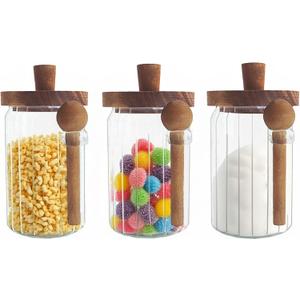 Set of 3 Glass Food Storage Jars with Handles Wood Lid and Spoon, 25 oz Glass Kitchen Canisters for Coffee, Tea, Cereal, Spice and Canning, Mason Jars, Cute Jar