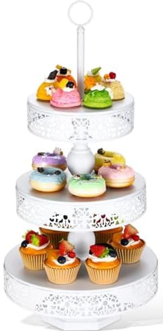 Dandat 1 Pcs Cupcake 3 Tiered Metal Dessert Stand Round Cupcake Tower Cake Holder Stand Tiered Serving Tray for Wedding Baby Shower Birthday Tea Party Table Decor (White)