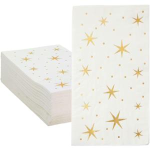 Juvale Disposable Napkins with Gold Stars - 4 x 8 In, 3-Ply, White & Gold, 50 Count - Decorative Paper Napkins for Star Themed Parties & Weddings