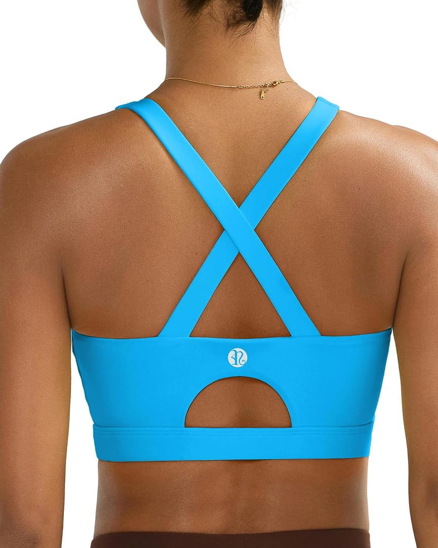 RUNNING GIRL Sports Bra for Women High Support,Molded Cup Strappy Running Sports Bras with Sewn in Pads (Blue, XXL)