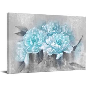 DuoBaorom Large Blue Flowers Canvas Wall Art Abstract Teal Blue Floral Grey Artwork Painting on Canvas for Living Room Kitchen Wall Decor Stretched and Framed Ready to Hang 24x36inch