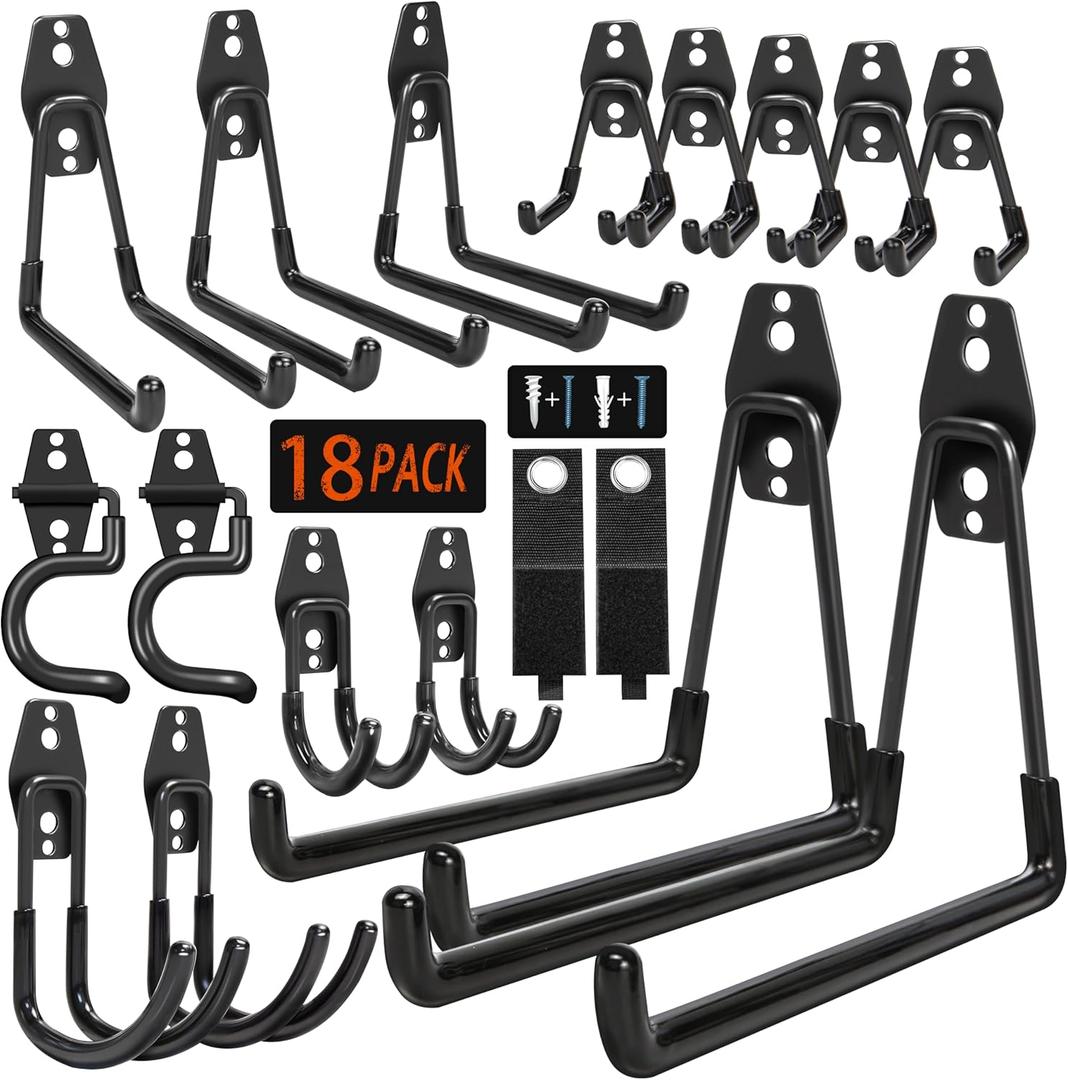 18 Pack Garage Hooks Heavy Duty - Anti-Slip Coating Garage Storage Hooks for Hanging BikeLadderGarden ToolsHose (Black)