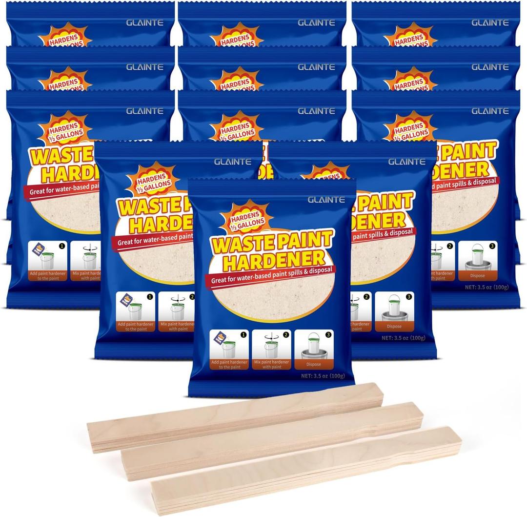 GLAINTE Waste Away Paint Hardener 12 Packs, 3.5oz - Fast Acting Solid Hardener - Drying Powder for Water-based Paint with 15 Pcs Wooden Stir Sticks