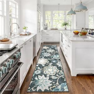 Beeiva Floral Washable Runner Rugs, Ultra Thin 2x8 Runner Rug Non Slip Blue Vintage Plant Kitchen, Laundry Room Carpet Non Skid Washable Long Mat for Hallway Bedoom (Blue,2'x8')