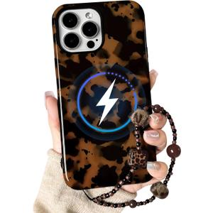 NITITOP Compatible with iPhone 14 Pro Max Case with Chain Lanyard Strap Magnetic Compatible with MagSafe Cute Leopard Amber Tortoise for Women Men Girls Soft TPU Shockproof Protective Cover - Black