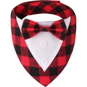 ADOGGYGO Christmas Dog Tuxedo Bandana, Red Plaid Xmas Pet Bowtie Collar, Adjustable Christmas Costumes for Medium Dogs (M)