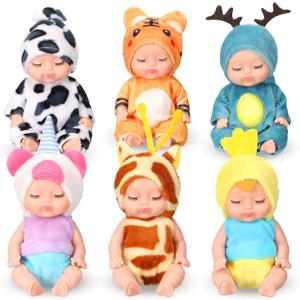 Leitee 6 Pcs 4 Inch Mini Baby Dolls With Animal Clothes - Lifelike Realistic Tiny Babies for Toddlers, Kids Birthday, Baby Shower Gifts
