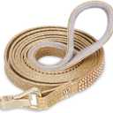 PetsHome Dog Leash, [Bling Rhinestones] Premium PU Leather Durable and Soft 6 FT Lead for Control Safety Training, Walking Small to Medium Dogs Gold