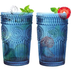 6pcs Vintage Drinking Glasses Set, 12 oz Blue Highball Glasses, Embossed Ribbed Glassware Cups for Cocktail, Water, Juice, Coffee, Whiskey