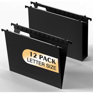 Plastic Hanging File Folders,Letter Size,Reinforced Hang Folders,Standard File Folders for Filing Cabinet,Plastic Hanging Folders,1/5-Cut Tabs,Designed for Home and Office,Black,12 Pack