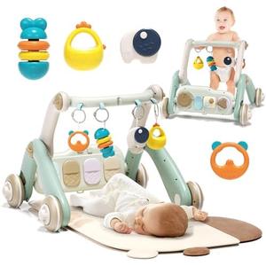 Jovow 2 in 1 Baby Gym with Walker,Baby Play Mat with 4 Infant Learning Sensory,Double-Sided Multifunctional Removable Play Piano Panel,Sit-to-Stand Learning Walker for 0-24 Months Boy Girl [White]