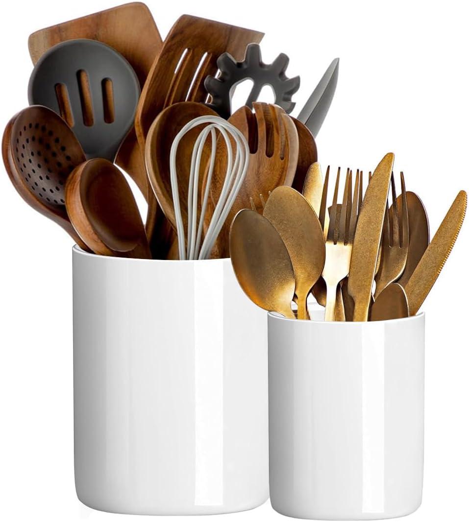 Utensil Holder, 6.3"+4.7" Ceramic Kitchen Utensil Holder for Countertop, Large Cooking Utensil Crocks for Kitchen Counter Decor, Morden Utensil Organizer for Spatula, Set of 2, White