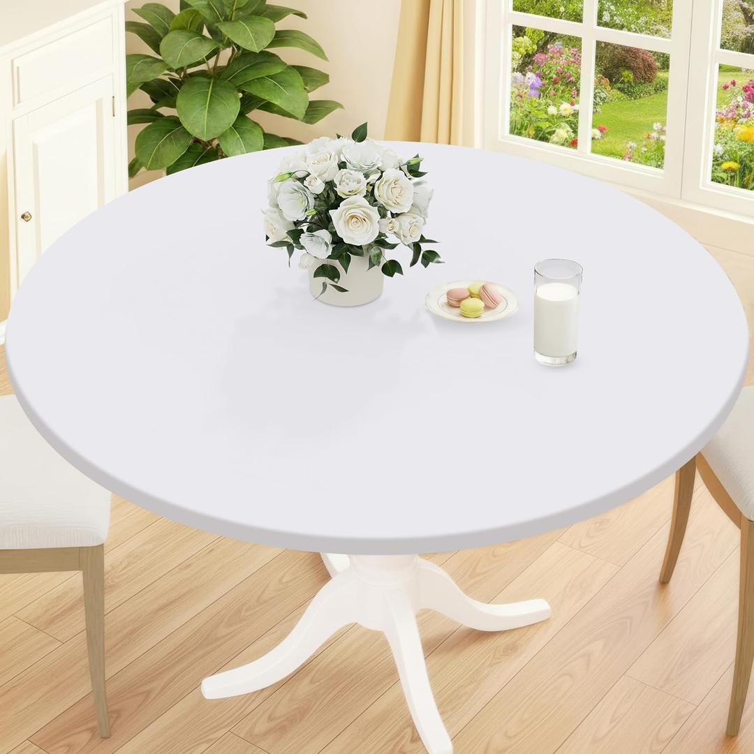 Smiry Round Picnic Tablecloth, Waterproof Elastic Fitted Table Covers for 45" - 56" Tables, Wipeable Flannel Backed Vinyl Tablecloths for Camping, Indoor, Outdoor, White