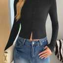 Fisoew Womens Long Sleeve Crop Tops Casual Button Down Shirts Slim Fit Y2k Going Out Ribbed Knit Shirts (Black)