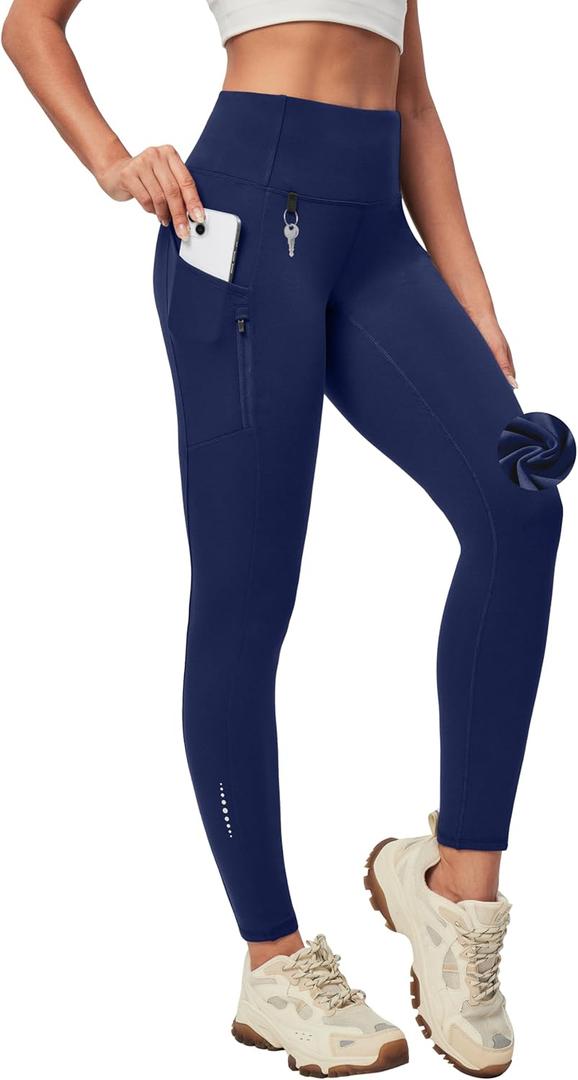 Heathyoga Fleece Lined Leggings Women with Pockets Water Resistant Thermal Leggings Winter Warm Yoga Pants Hiking Running (Medium, Blue)