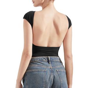 SUUKSESS Women Backless Sexy Going Out Tops Double Lined Open Back Y2k Basic Tee Shirts (Black, M)
