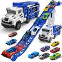 Transport Truck Toys for 3 4 5 6 7 Years Old Boys,Toys Cars Track Set Transporter Trucks with 12 Die-Cast Car Toys 2 Race catapults Dual-Track Model,Toddler Car Toy Set for Kids Boys Girls (Blue)